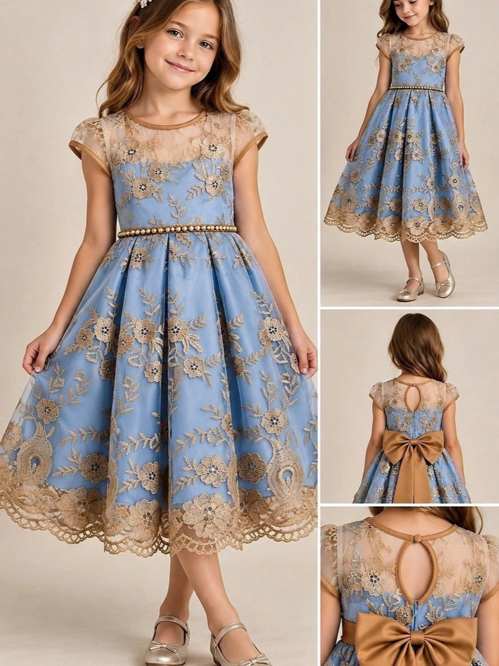 Girls Blue Floral Lace Formal Dress